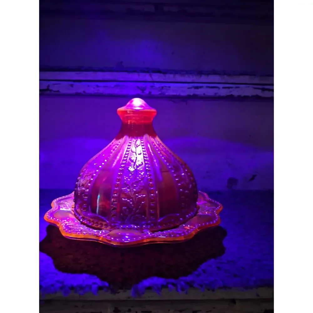 Vintage Amberlina Carnival Glass Domed Butter Dish Beaded Holly Summit UV